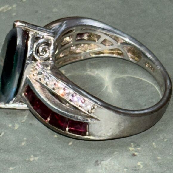 925 Silver & Green Tsavorite & Red Garnet tuxedo ring Sz 9,6.46g,16x7.5mm CZ - Picture 4 of 8